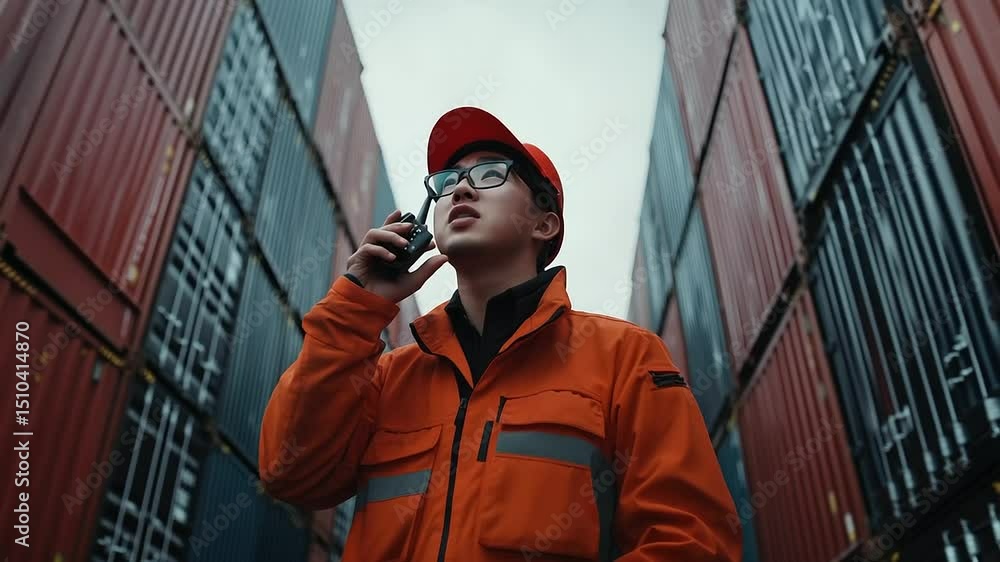 Poster foreman supervising container stacking operation, shouting into walkie-talkie, container stacks towe