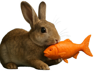 Rabbit holding an orange fish toy, transparent background png
