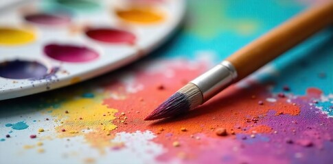 Fototapeta premium Close-up of a paintbrush and palette, vibrant colors scattered, signifying artistic leisure time A relaxed and creative atmosphere is evoked, perfect for projects and hobbies , still life, hobby, DIY