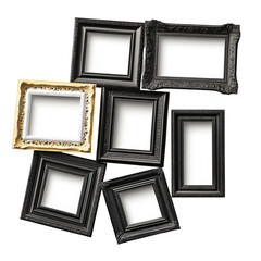 A collection of black and gold picture frames  isolated on transparent background