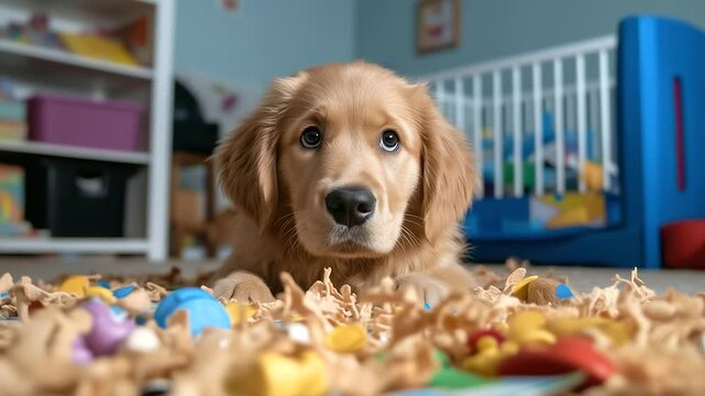 Golden retriever puppy in child&rsquo;s playroom surrounded by shredded coloring books and gnawed action figures
