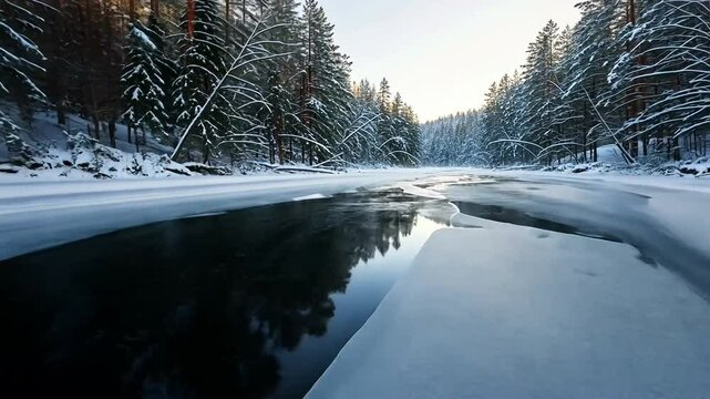 Frozen River in Snowy Coniferous Forest