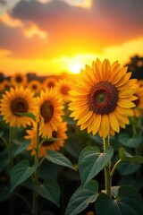 Obraz premium Vibrant sunflowers bask in the warm glow of a breathtaking sunrise, their faces turned towards the golden light A picturesque scene of nature's beauty at its finest , hope, sky, sun rays