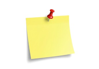 Yellow Sticky Note Pinned with Red Thumbtack on White Background Reminder, Office