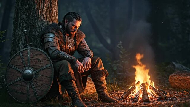 Lonely Warrior Resting by the Fire in a Dark Forest