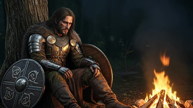 Lonely Warrior Resting by the Fire in a Dark Forest