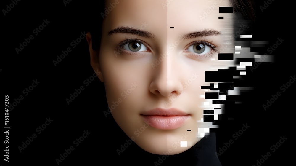 Poster digital portrait blending into abstract pixels