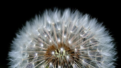 Close-up of a fluffy dandelion seed head against a black background