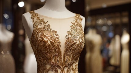 Obraz premium Elegant gold embroidered gown on mannequin in fashion boutique display