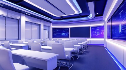 Modern classroom with sleek design, blue lighting, and digital displays for interactive learning