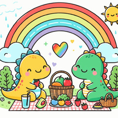 Obraz premium Adorable illustration of two cheerful dinosaurs having a picnic under a rainbow with a basket full of colorful fruits in a whimsical outdoor setting