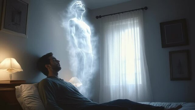 Deathbed vision: human soul flight, body repose, sacred crossing, angel encounter, spiritual farewell, eternal passage, divine light, peaceful ending, soul ascent, heavenly guidance, last moment