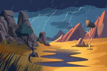 A stylized illustration of a stormy desert landscape showcasing rocky formations, trees, and a river under a cloudy sky with lightning. A vivid depiction of nature's power.