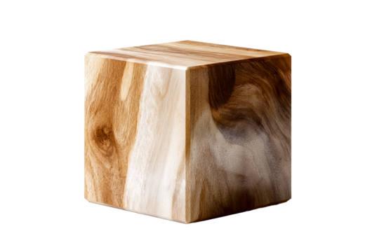 Natural wooden cube with a smooth finish and transparent background