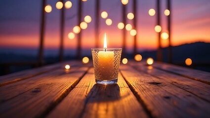 Sunset Candle on Wooden Table with Warm Glow and Bokeh Lights in Tranquil Outdoor Evening Scene