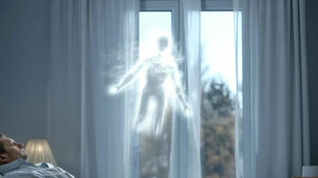 Human final moment: deathbed scene, soul departure, body stillness, spiritual passage, angelic meeting, sacred transition, eternal journey, peaceful release, divine presence, last breath