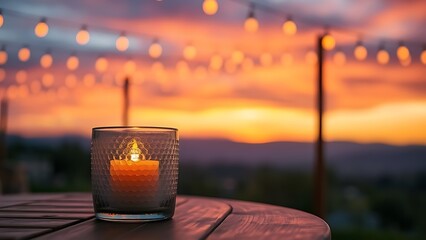 Sunset Candle on Wooden Table with Warm Glow and Bokeh Lights in Tranquil Outdoor Evening Scene