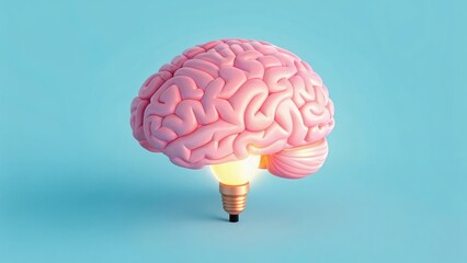 A pink brain shaped like a light bulb glows against a blue background, symbolizing creativity, ideas, and intelligence.