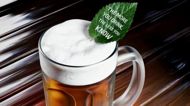 Close up of a full glass mug with frothy beer. The green leaf with inscription about consequences of drinking symbolizes awareness on consumption of alcohol.