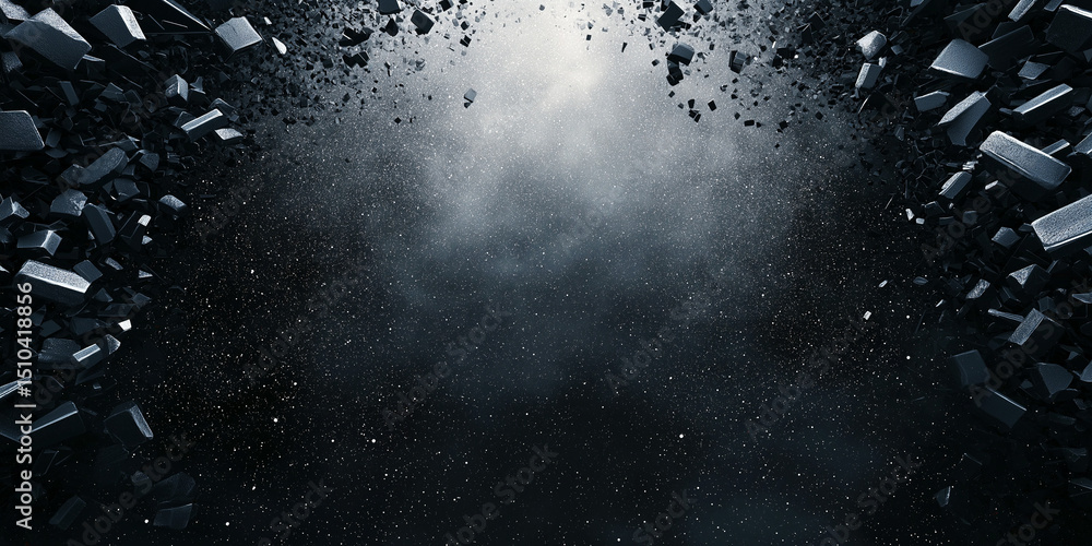 Poster abstract shattered block effect with smoke and star particles backdrop.