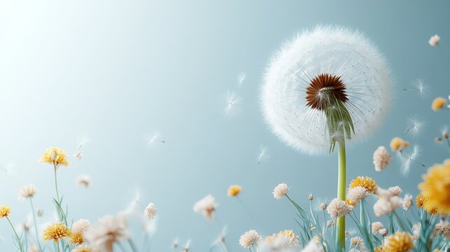 Delicate dandelion and wildflowers in a soft, airy springtime scene