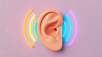 A human ear with colorful sound waves on a pastel background, symbolizing hearing or listening.