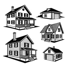 Black and White Vector Illustration of Various House Styles