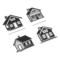 Four Black and White House Icons with Chimneys and Windows