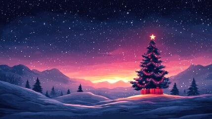 Fototapeta premium Snowy Christmas tree at sunset in mountains