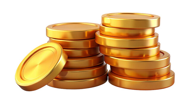 Realistic 3d render of gold coins stacked on a transparent background representing wealth