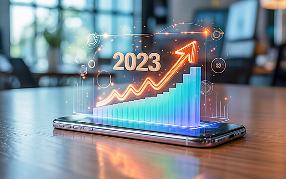 A sleek digital business analytics visualization with glowing blue and turquoise bars and a gold ‘2023’ trend line overlaid on a smartphone,