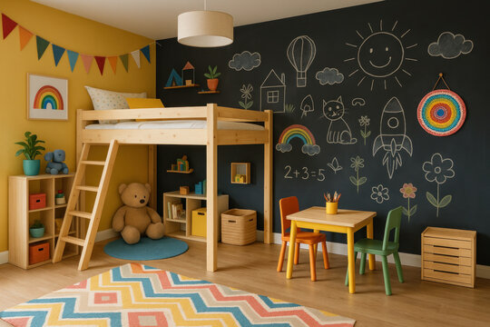 Colorful bunk bed in child's room with vibrant rug.
