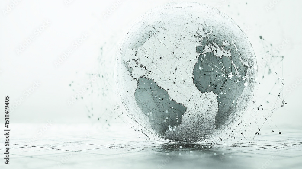 Poster stylized digital globe with network lines on a white background with abstract square patterns, repre