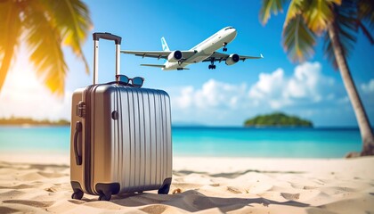 Summer Vacation Getaway Tropical Beach Escape with Airplane and Suitcase Illustration