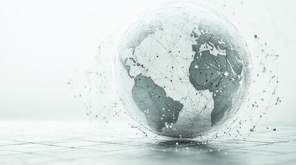 Stylized digital globe with network lines on a white background with abstract square patterns, representing global connectivity