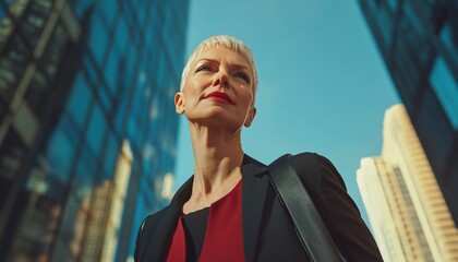 Confident Businesswoman Standing in Urban Environment Under Bright Blue Sky