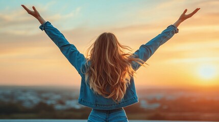 Woman Embracing the Sunset with Open Arms Against a Beautiful Evening Sky