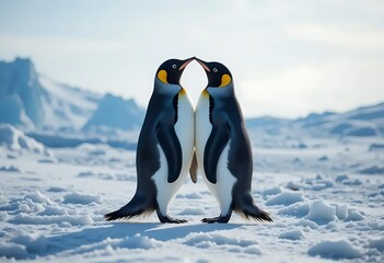 Obraz premium Two Penguins Touching Beaks in Snowy Landscape