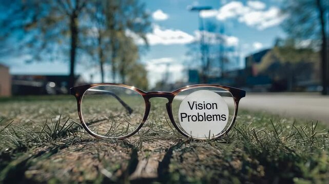 Close up view of eyeglasses with text "Vision Problems" on lens on grass outdoors. Eye health and sight correction concept footage.