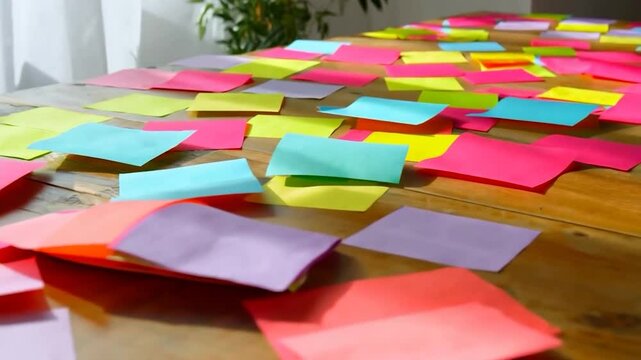 Colorful sticky notes scattered on a wooden table