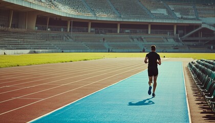 Athletic Individual Running on a Track in an Empty Stadium with Morning Light