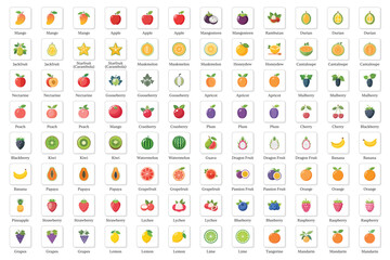 Colorful Fruit Icon Set with Tropical and Citrus Varieties.