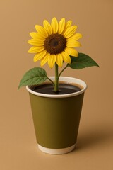 Obraz premium Sunflower growing from coffee cup