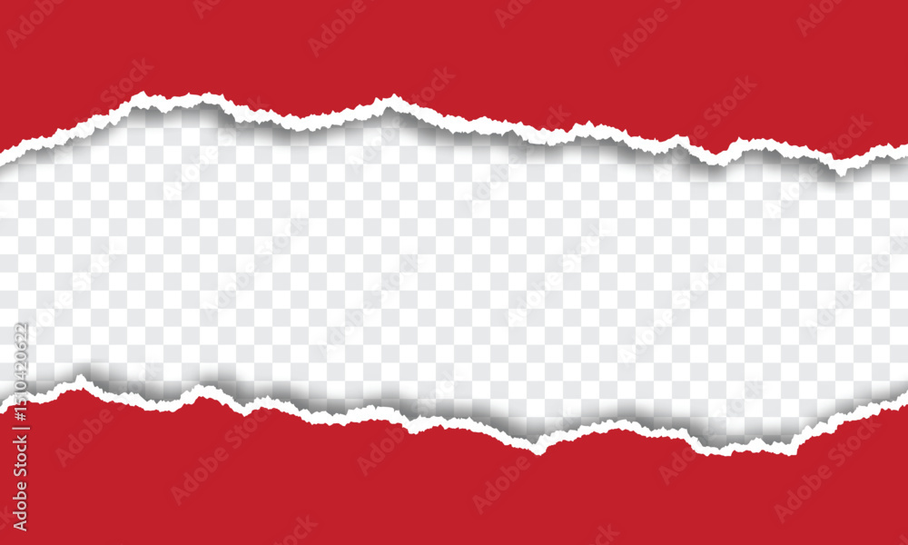 Poster red torn paper with torn edges isolated transparent background with shadow effect in horizontal bann
