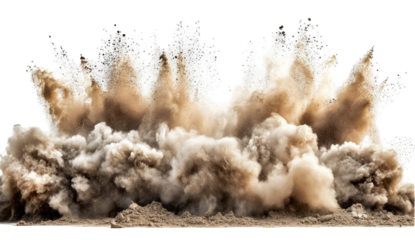 Powerful explosion of tan colored dust and debris isolated on transparent background