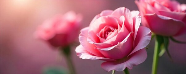 Obraz premium Serene close-up of pink roses, petals unfurling gently, soft light illuminating the scene, evoking a sense of peace and tranquility perfect for meditation or yoga practice , petals, flowers, plant