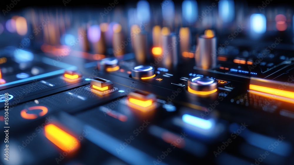 Poster close-up view of a digital audio mixer with illuminated controls and vibrant lights