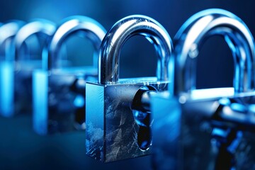 Row of Shiny Silver Padlocks in Blue Tones: Symbolizing Security, Protection, and Digital Data Safety