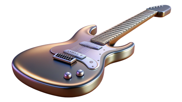 Shiny 3d rendered electric guitar with metallic body musical instrument music concept