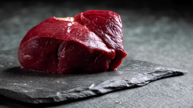 Fresh raw venison piece showcases vibrant red color, marbled texture, and glossy surface resting on dark stone surface.
